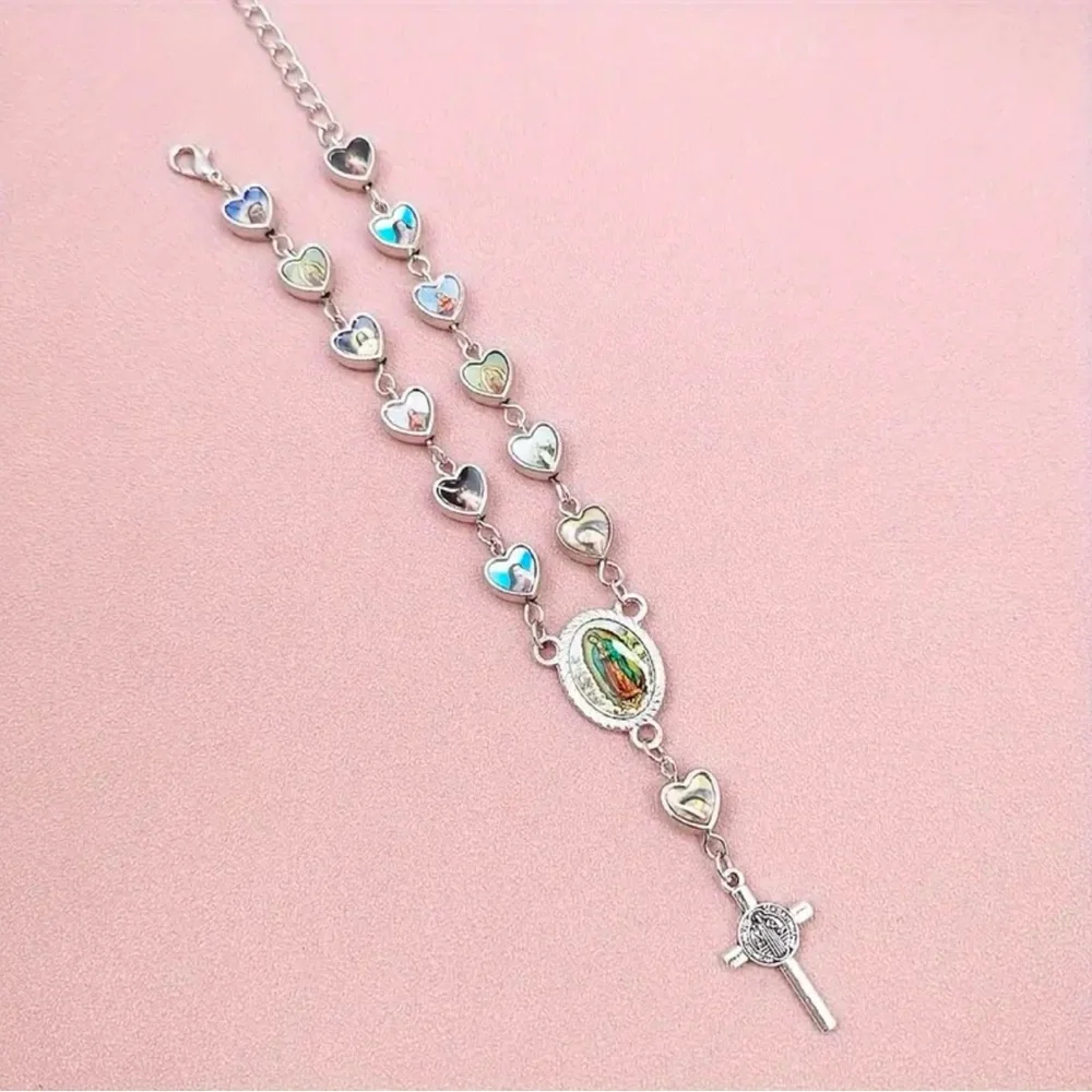 Lovely Heart Shaped Cross Pendant Rosary Bracelet, Virgin Charm Silver Plated‎